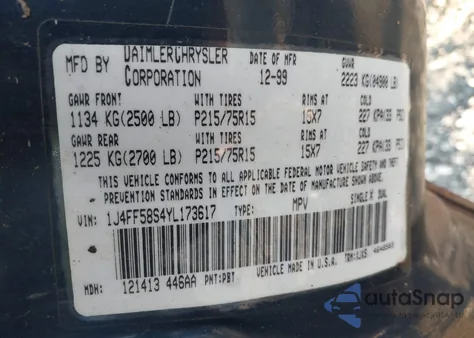 2000 Jeep Cherokee Classic z USA, uszkodzony, nr VIN 1J4FF58S4YL173617